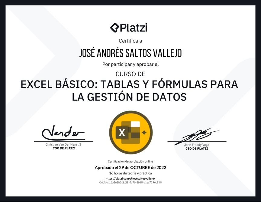 Diploma del Curso de Excel Básico: Tablas y Fórmulas para la Gestión de Datos