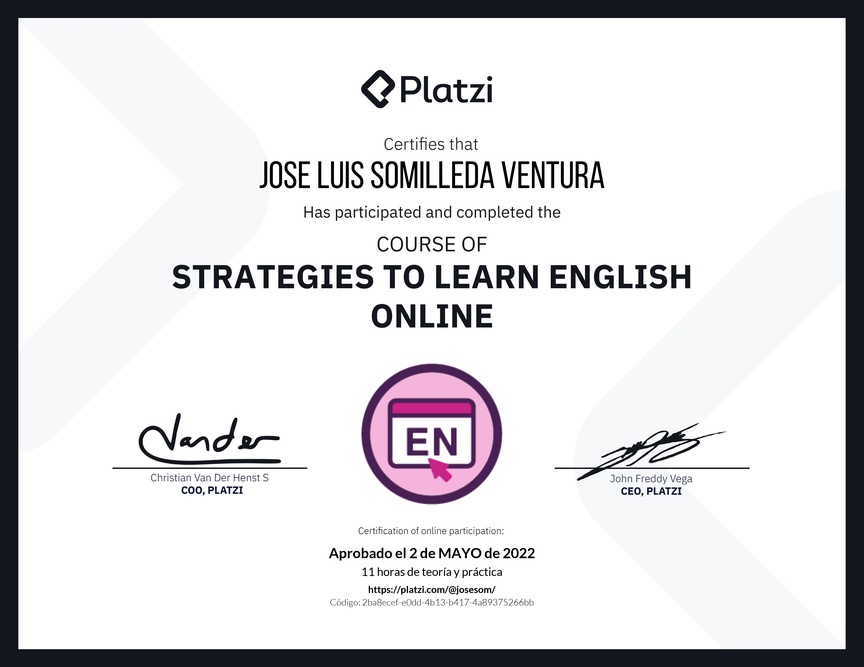 Diploma del Curso Gratis de Estrategias para Aprender Inglés en Línea