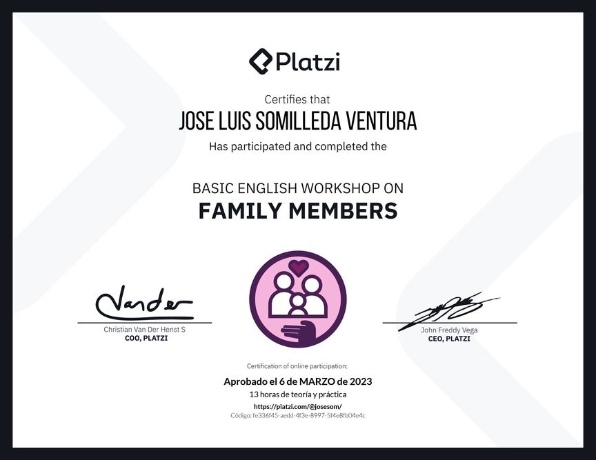 Diploma del Curso de Inglés Práctico sobre los Miembros de la Familia