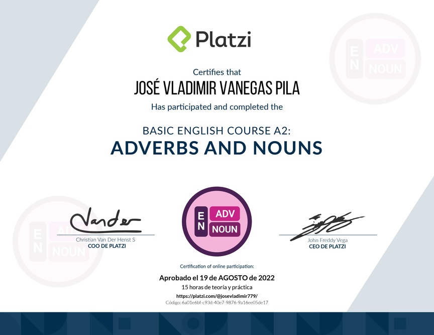 Diploma del Curso de Inglés Básico: Adverbios y Sustantivos (2021)