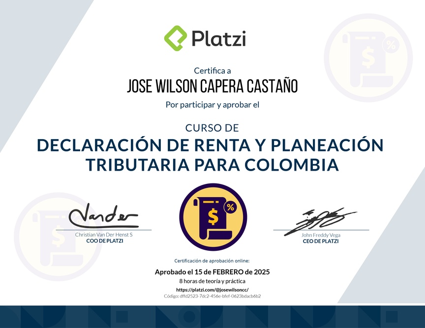 Diploma del Curso de Declaración de Renta y Planeación Tributaria para Colombia