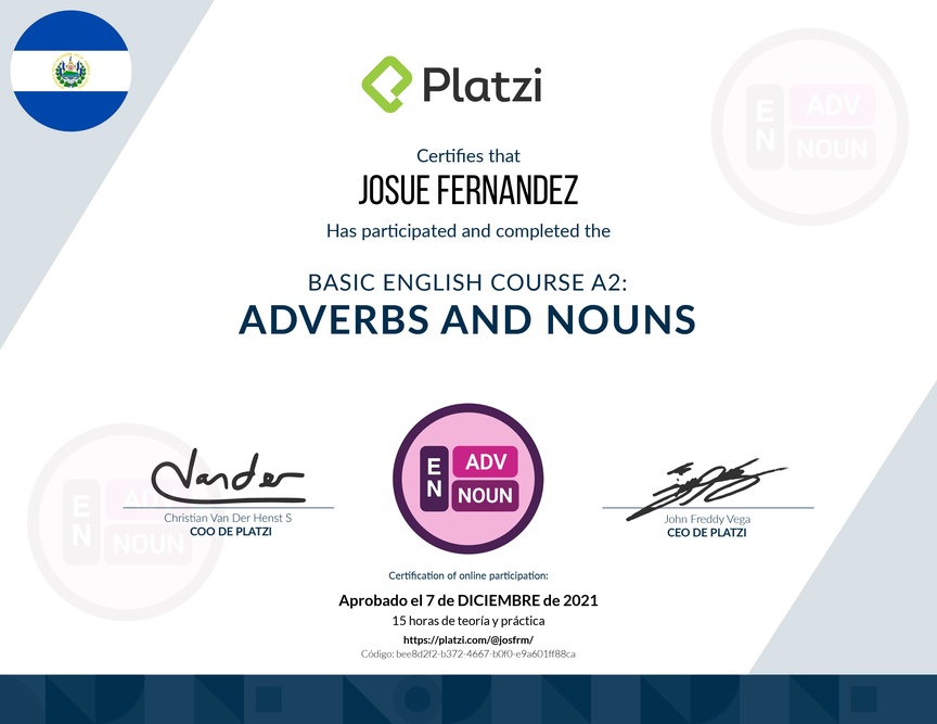 Diploma del Curso de Inglés Básico: Adverbios y Sustantivos (2021)