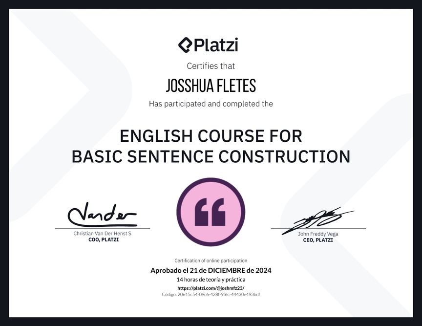 Diploma del Curso de Construcción de Oraciones en Inglés
