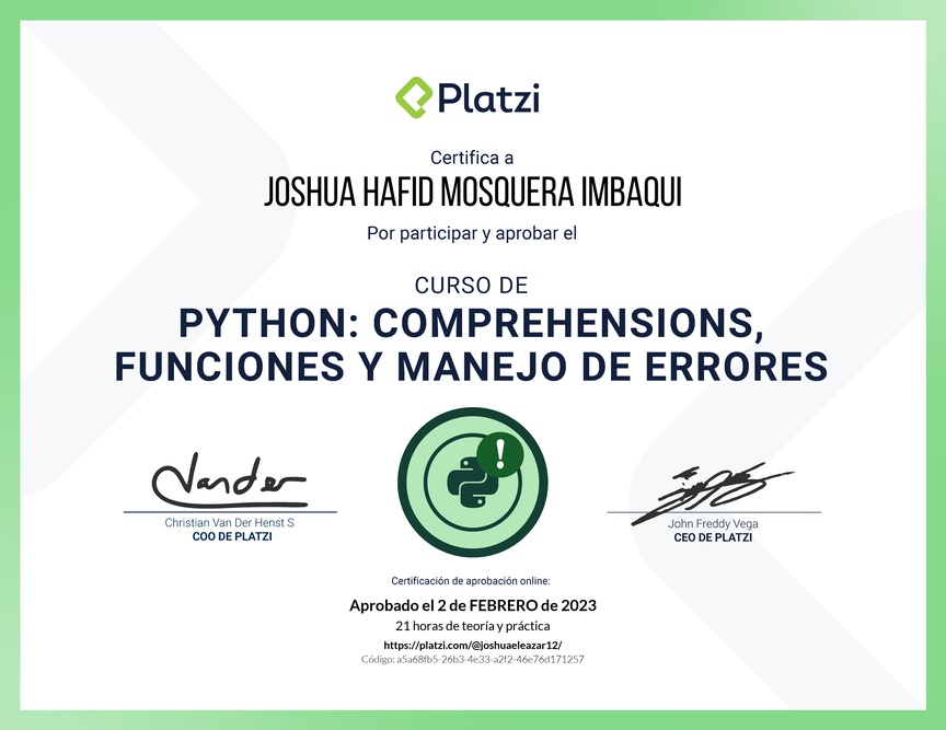Diploma del Curso de Python: Comprehensions, Funciones y Manejo de Errores