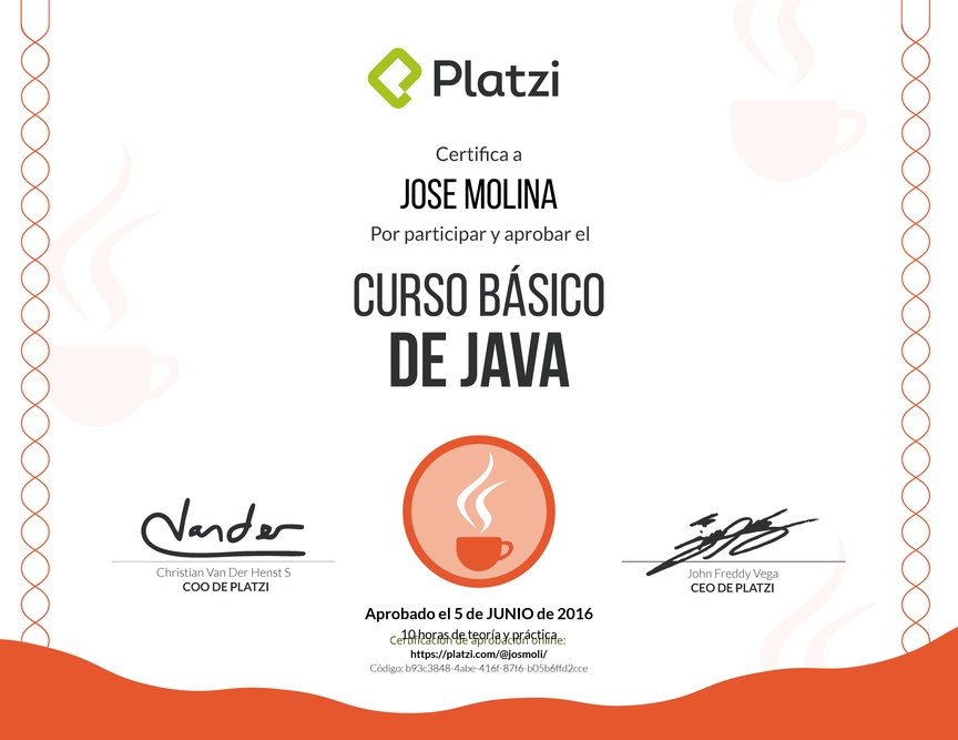 Diploma del Curso básico de Java 2015