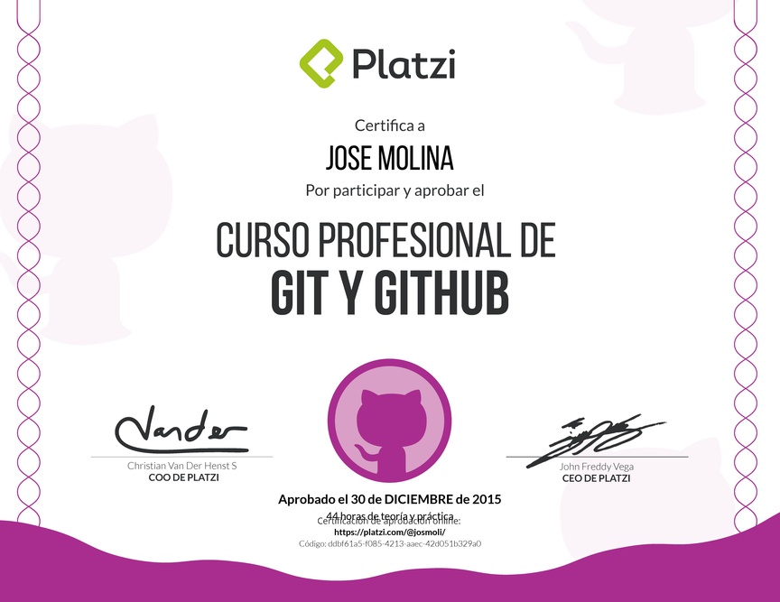 Diploma del Curso profesional de Git y GitHub 2016