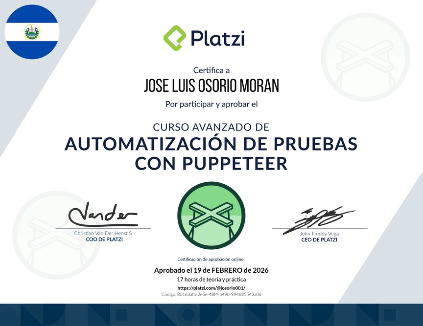 Diploma del Curso Avanzado de Automatización de Pruebas con Puppeteer