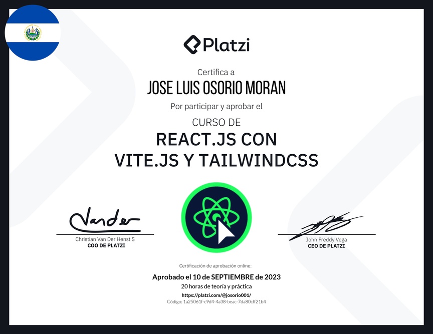 Diploma del Curso de React.js con Vite.js y TailwindCSS