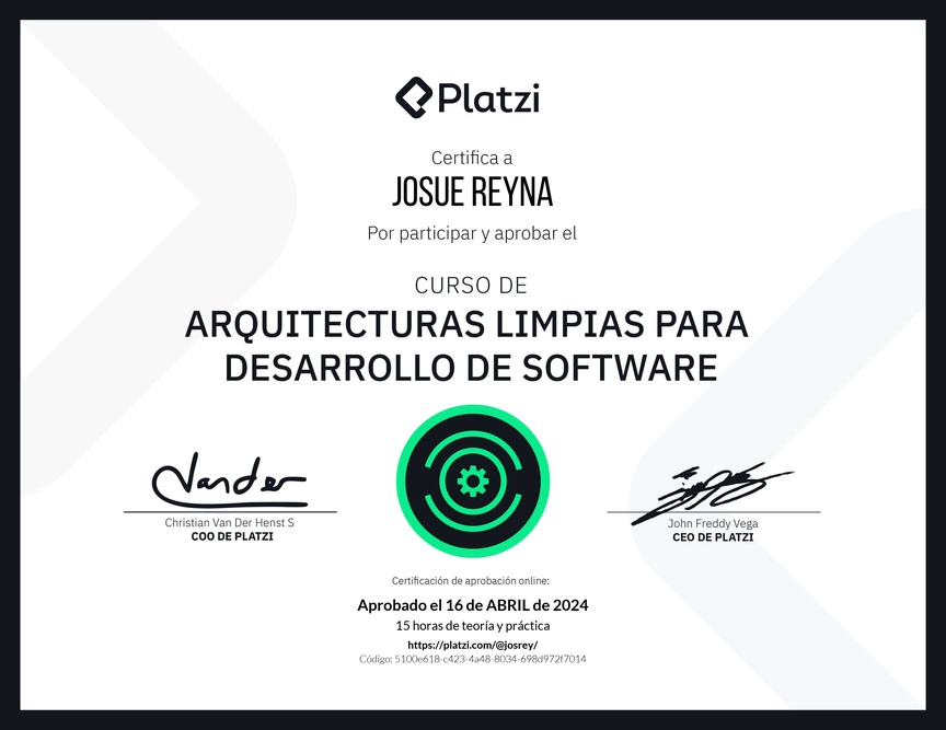 Diploma del Curso de Arquitecturas Limpias para Desarrollo de Software