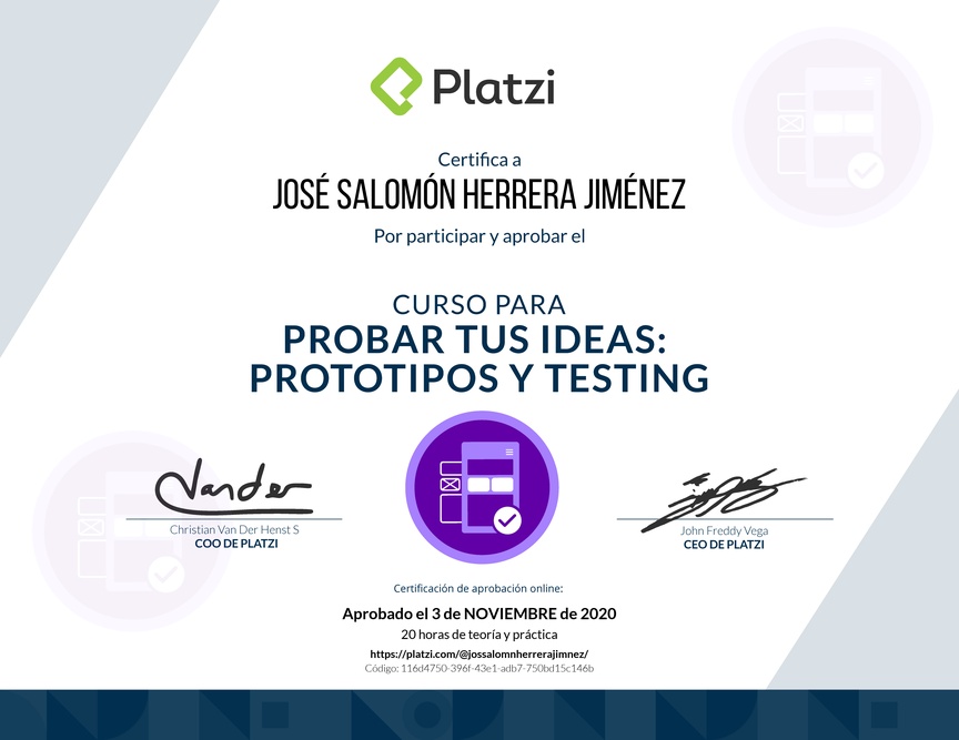 Diploma del Curso de validación de Ideas: Prototipos y Testing Exitosos