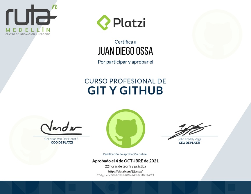 Diploma del Curso Profesional de Git y GitHub