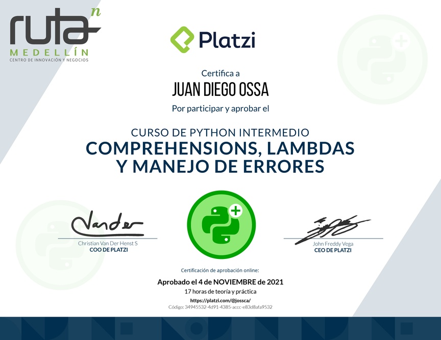 Diploma del Curso de Python Intermedio: Comprehensions, Lambdas y Manejo de Errores