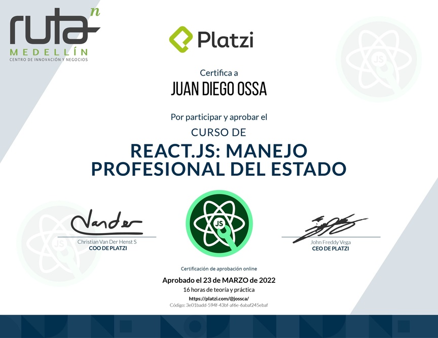Diploma del Curso de React.js: Manejo Profesional del Estado