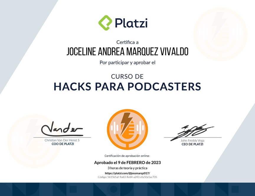 Diploma del Curso de Hacks para Mejorar tus Podcasts