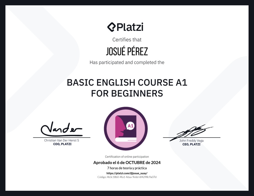 Diploma del Curso de Inglés Básico A1 para Principiantes