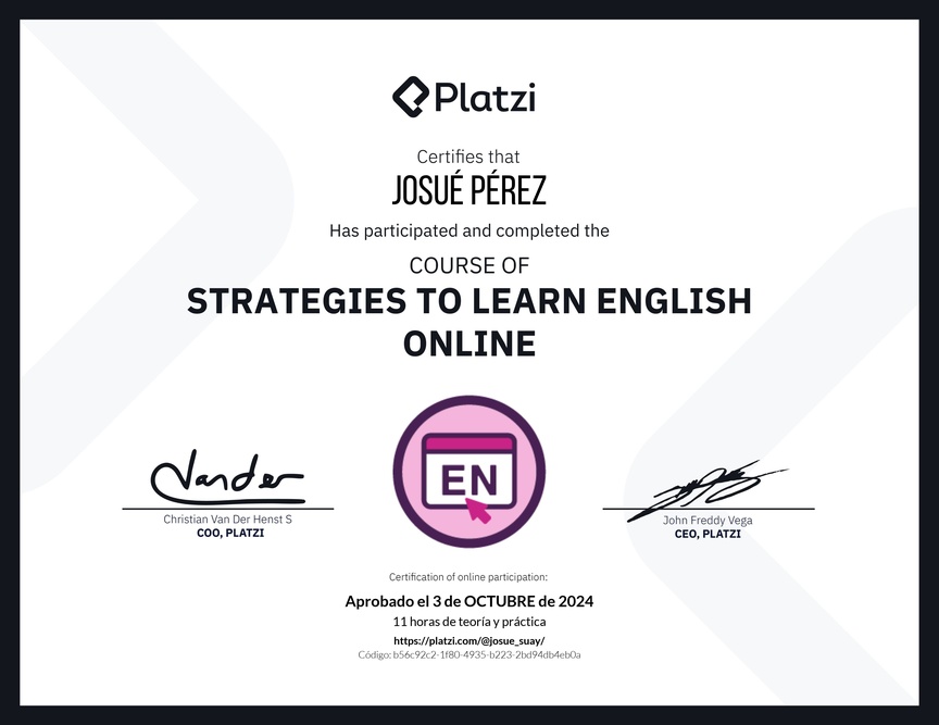 Diploma del Curso Gratis de Estrategias para Aprender Inglés en Línea