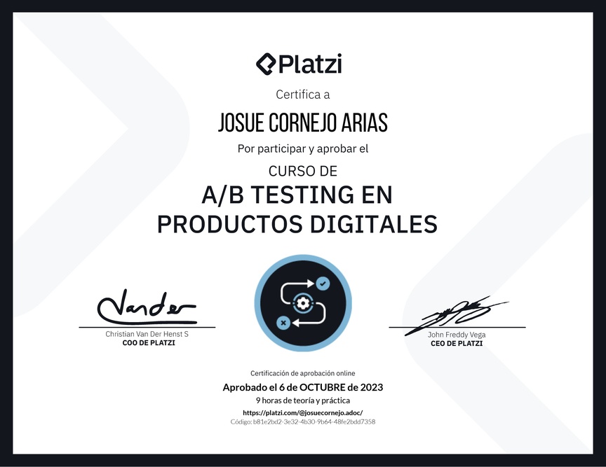 Diploma del Curso de A/B Testing en Productos Digitales