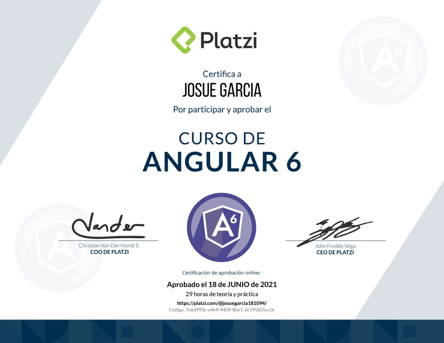 Diploma del Curso de Angular 6 2018