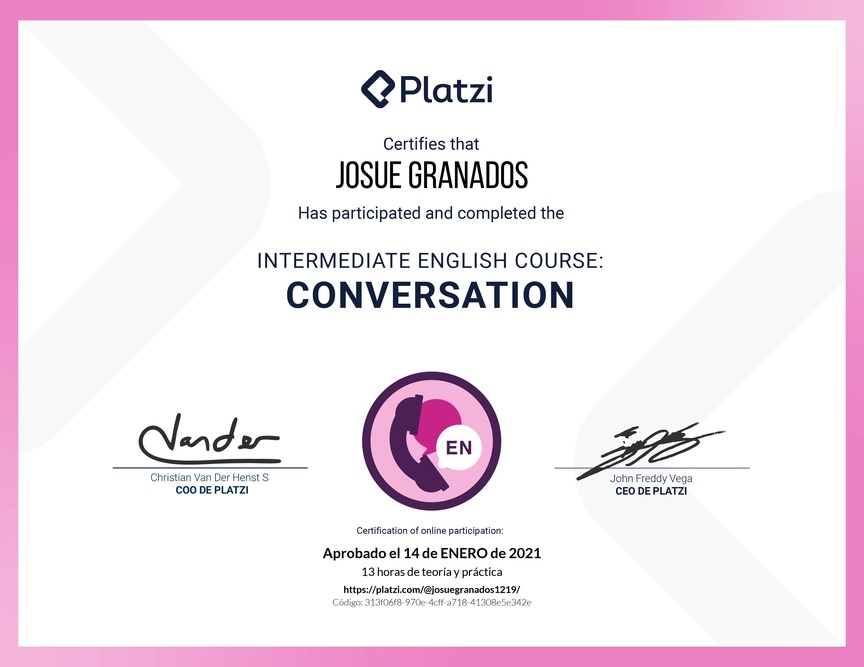 Diploma del Curso de Inglés Intermedio: Conversación 2020
