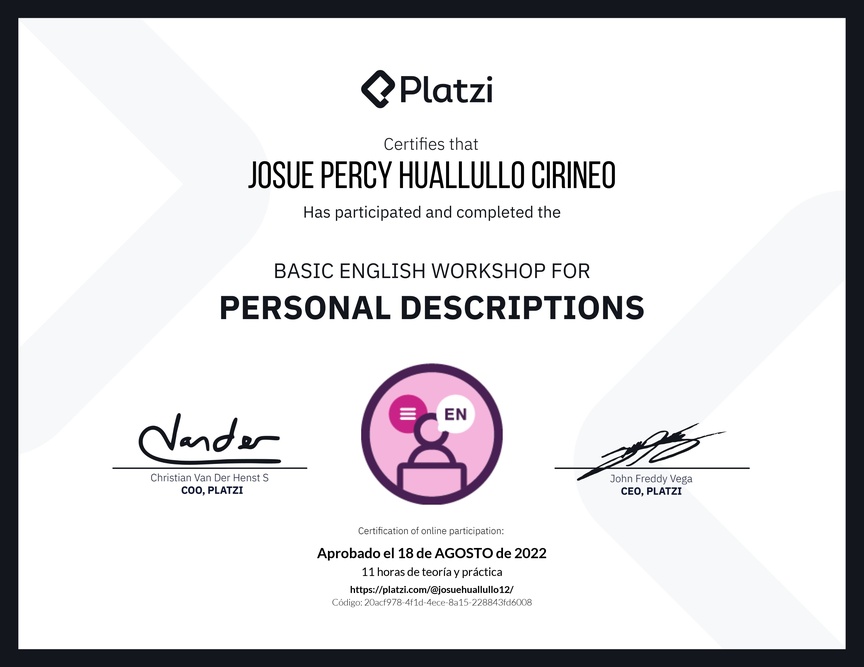 Diploma del Curso de Inglés Práctico para Descripciones Personales (2020=