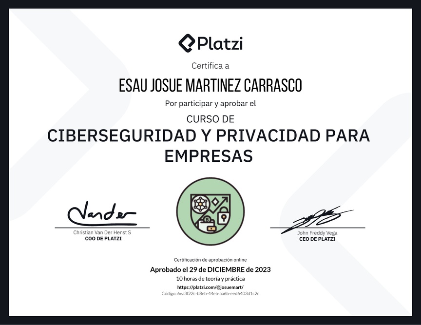 Diploma del Curso de Ciberseguridad y Privacidad Empresarial (2023)