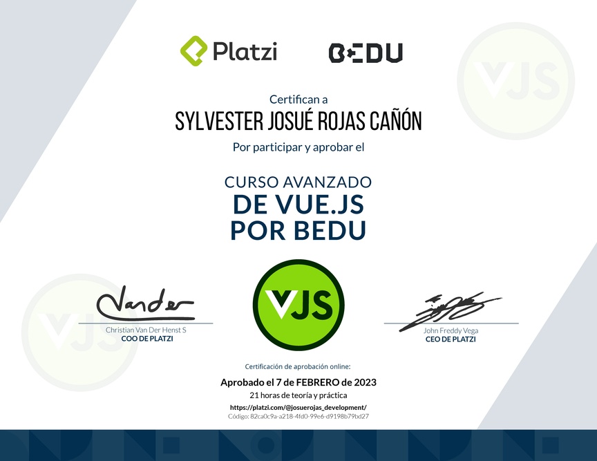 Diploma del Curso Avanzado de Vue.js 2 y Firebase por Bedu
