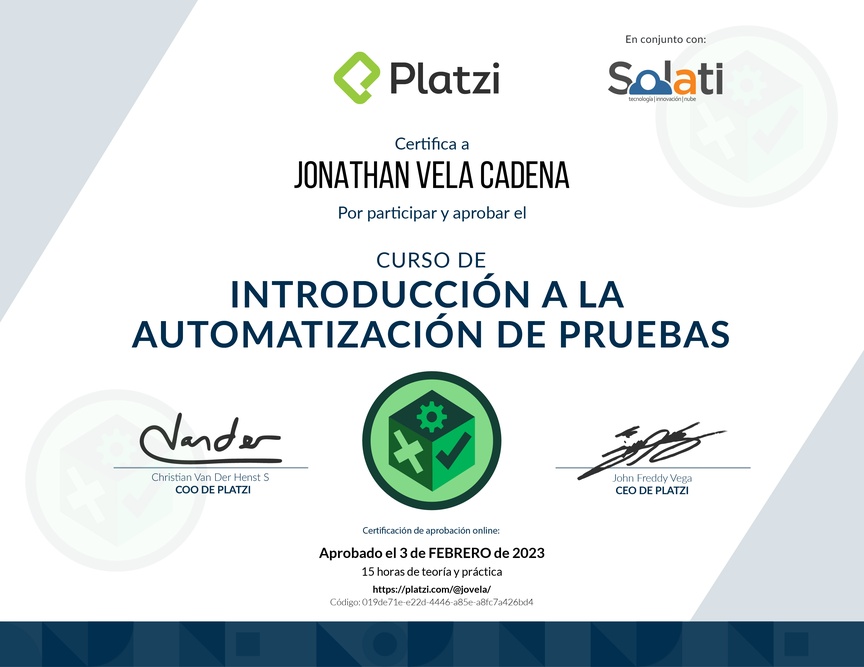 Diploma del Curso de Introducción a la Automatización de Pruebas