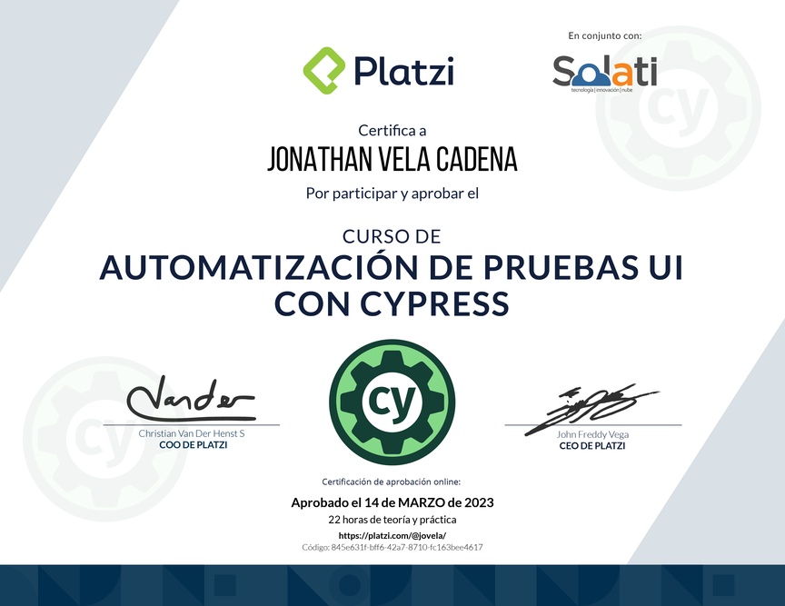 Diploma del Curso de Automatización de Pruebas UI con Cypress