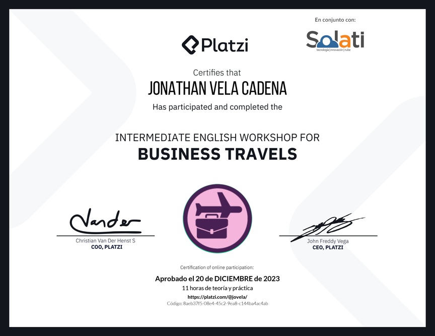 Diploma del Curso de Inglés Práctico para Viajes de Negocios