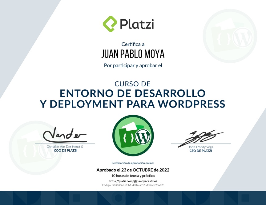 Diploma del Curso de Entornos de Desarrollo y Deployment en WordPress