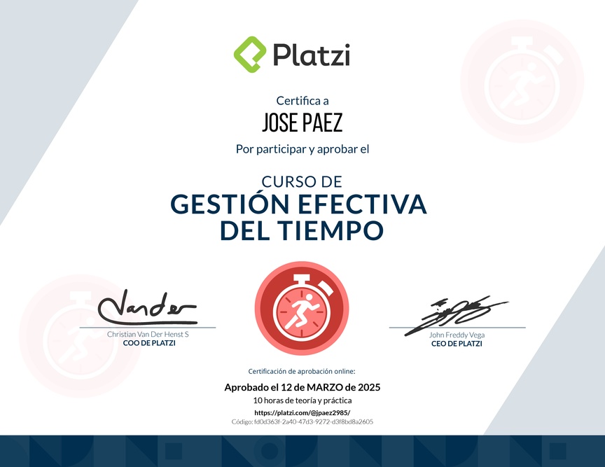 Diploma del Curso de Gestión Efectiva del Tiempo