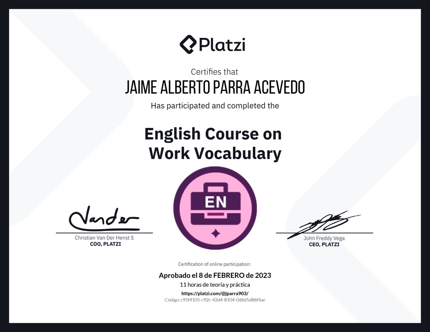 Diploma del Curso de Vocabulario en Inglés para el Trabajo