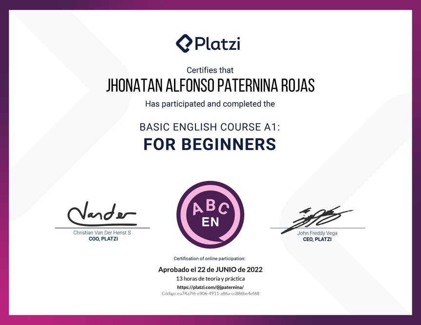 Diploma del Curso de Inglés Básico para Principiantes - (2022)