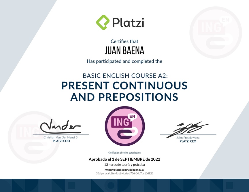 Diploma del Curso de Inglés Básico A2: Preposiciones y Presente Continuo (2021)
