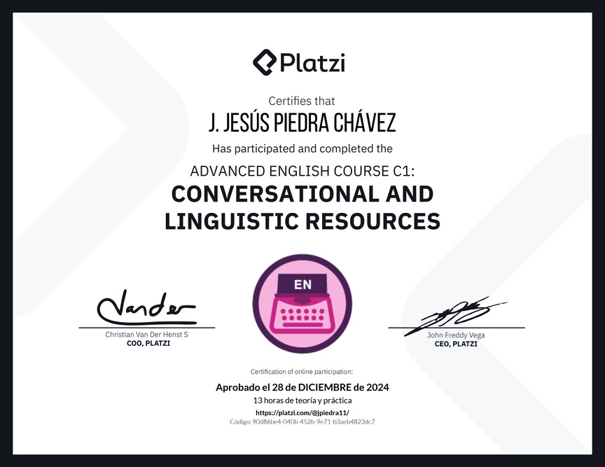 Diploma del Curso de Inglés Avanzado C1: Recursos Conversacionales y Lingüísticos