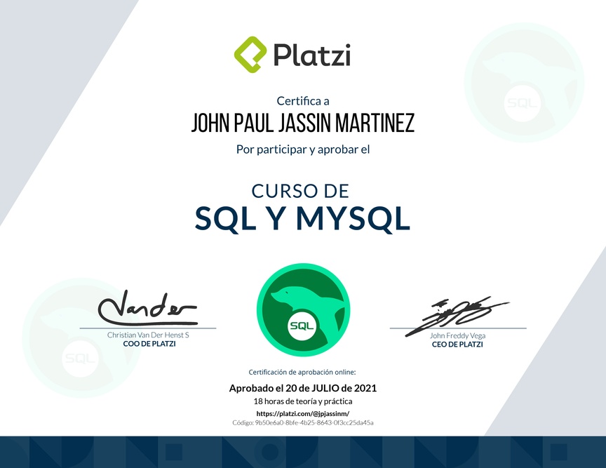 Diploma del Curso de SQL y MySQL 2018