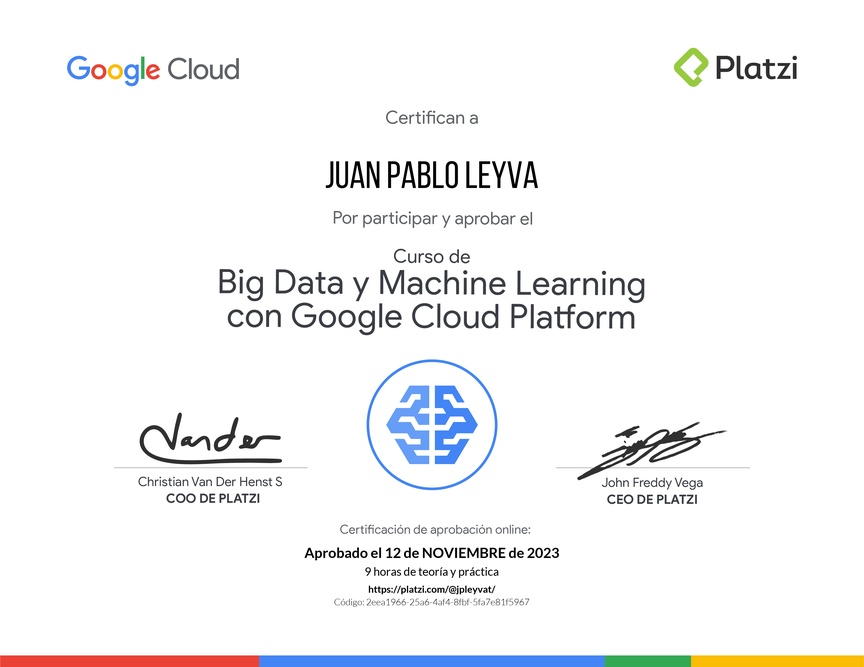 Diploma del Curso de Big Data y Machine Learning con Google Cloud Platform