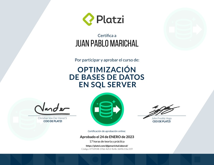 Diploma del Curso de Optimización de Bases de Datos en SQL Server