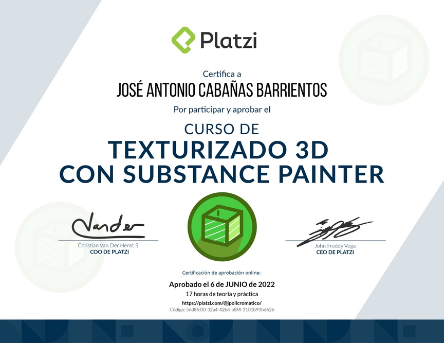 Diploma del Curso de Texturizado 3D con Substance Painter