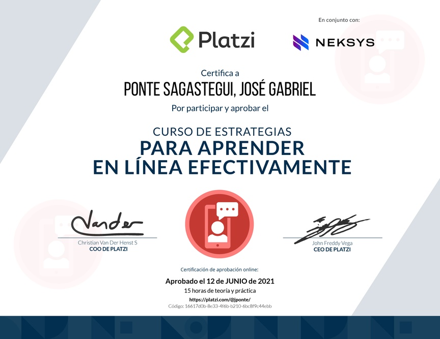 Diploma del Curso de Estrategias para Aprender en Línea Efectivamente 2019