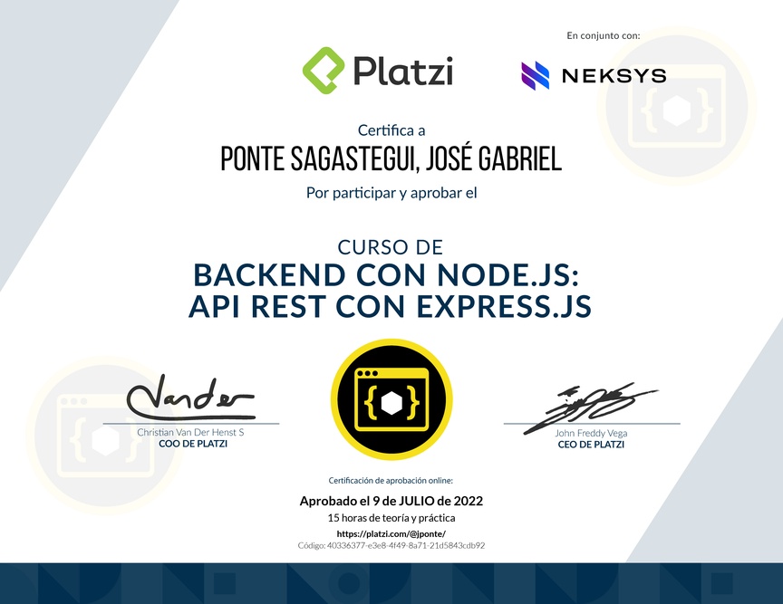 Diploma del Curso de Backend con Node.js: API REST con Express.js