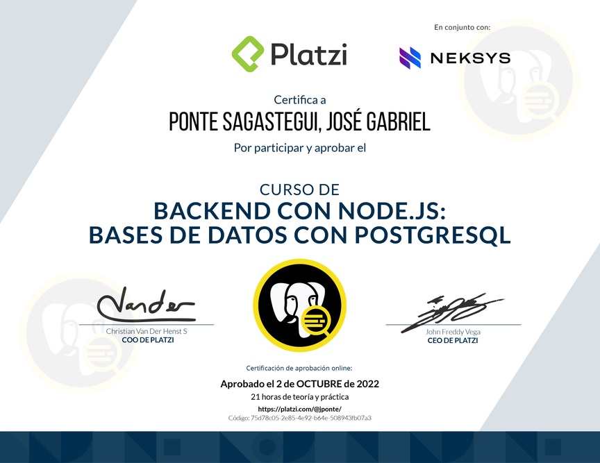 Diploma del Curso de Backend con Node.js: Base de Datos con PostgreSQL