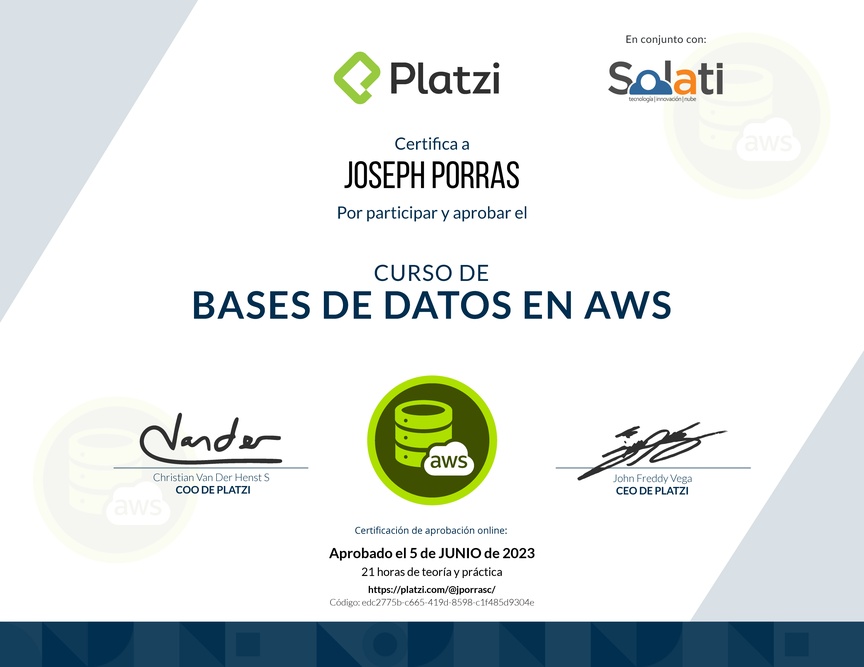 Diploma del Curso Práctico de Bases de Datos en AWS