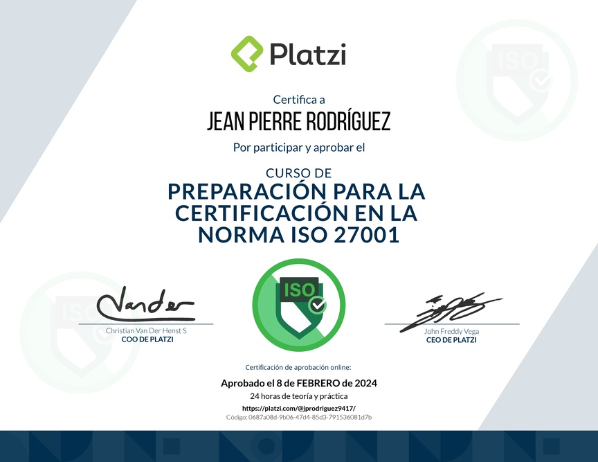 Diploma del Curso de Preparación para la Certificación en la Norma ISO 27001 (2020)