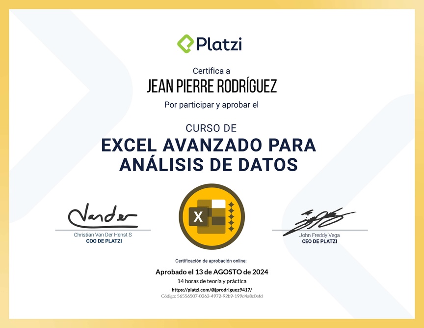 Diploma del Curso de Excel Avanzado para Análisis de Datos