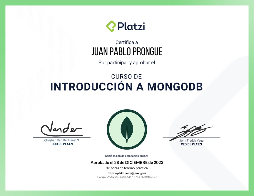 Diploma del Curso de Introducción a MongoDB