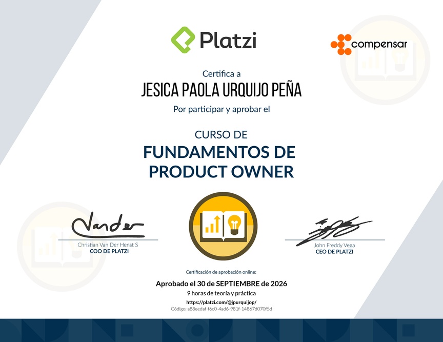 Diploma del Curso de Fundamentos de Product Owner