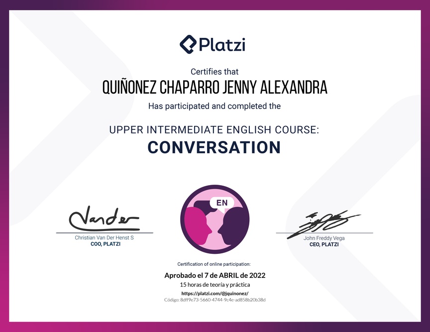 Diploma del Curso de Inglés Intermedio Alto: Conversación 2020