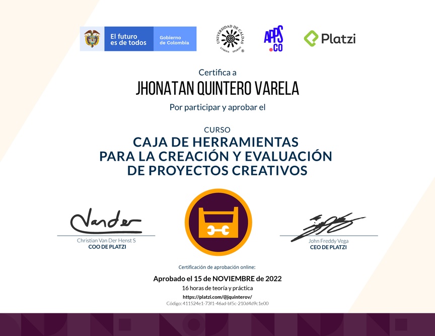 Diploma del Curso Caja de Herramientas para la Creación y Evaluación de Proyectos Creativos