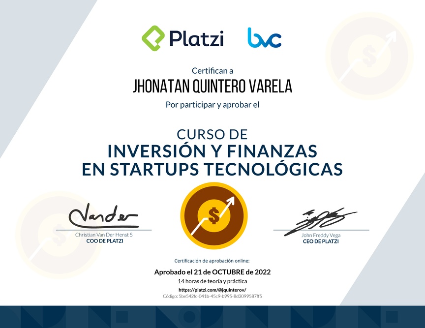 Diploma del Curso de Inversión y Finanzas en Startups Tecnológicas